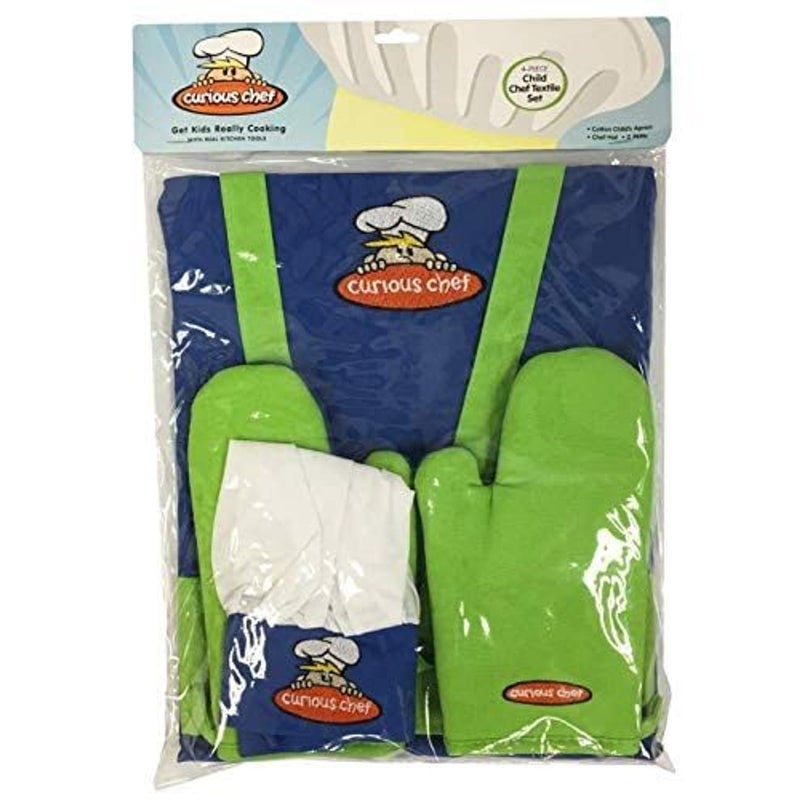 Curious Chef Child Textile Set - 4-Piece Set I Real Chef's Wear for Children I Child-Sized Apron, Oven Mitts & Hat I Machine Washable I Machine Washable I Blue/Green - Image 2